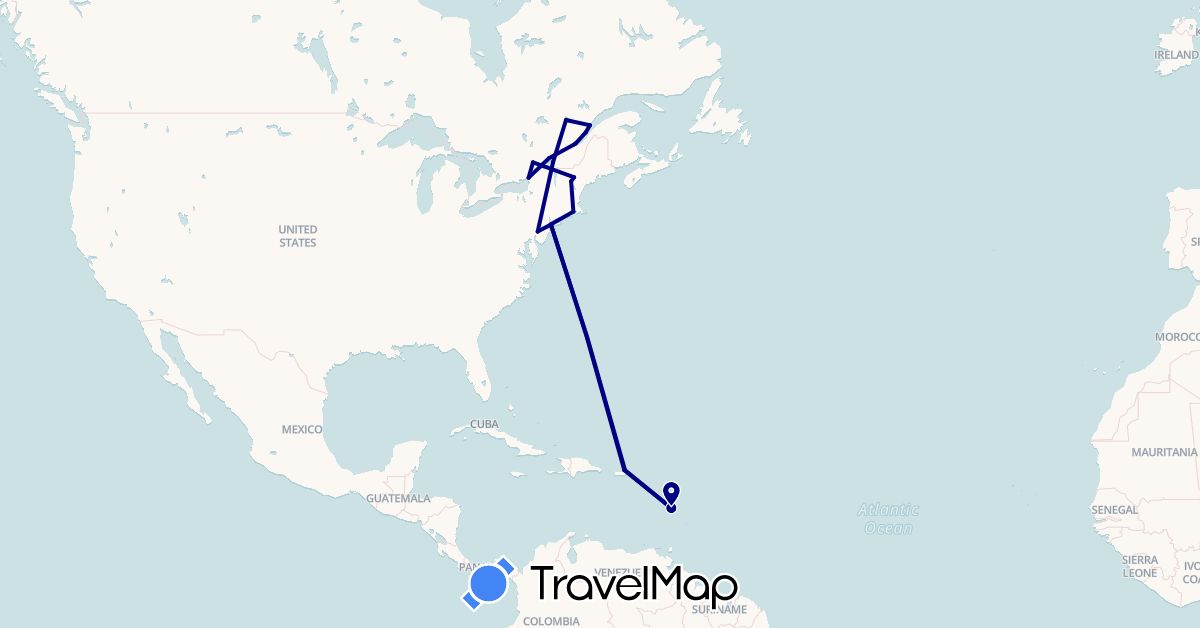 TravelMap itinerary: driving in Canada, Martinique, Puerto Rico, United States (North America)